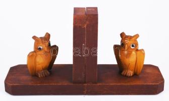 Bagoly figurával díszített fa könyvtámasz pár, darabja 13x14 cm