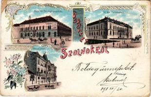 1898 Szolnok, M. kir. Pénzügyigazgatóság, M. kir. Törvényszék, Nemzeti szálloda. Fuchs Lipót és fia kiadása. Art Nouveau, floral, litho (fa)