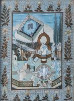 Jelzés nélkül, feltehetően dél-ázsiai alkotó: Jelenet. Vegyes technika, selyem. Üvegezett fakeretben. 32×24 cm