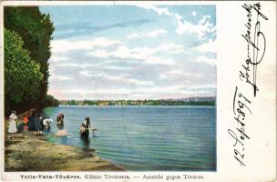 1897 Tata, Tata-Tóváros; Kilátás Tóvárosra, mosás a tóban (vágott / cut)