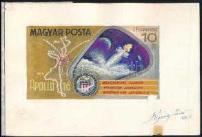 1972 Légrády Sándor Apollo-16 bélyegterve a tervező aláírásával. Képméret: 140 x 77 mm