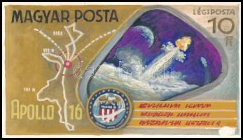 1972 Légrády Sándor Apollo-16 bélyegterve a tervező aláírásával. Képméret: 140 x 77 mm