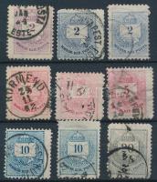 1881 9 db I. típusú krajcáros bélyeg 11 1/2 fogazással, az átlagtól eltérő formájúak: széles, magas, alacsony, keskeny