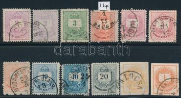 1874 Színesszámú krajcáros sor "A" fogazással (13), I. típusú 5kr bélyeggel, színváltozatokkal, 2 Hírlapbélyeggel