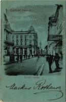 1899 Pécs, Király utca este holdfényben, Otthon kávéház, Nagy Czipőraktár, üzletek. Rechnitzer Ottokár kiadása (Rb)