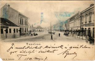 1901 Tapolca, Fő tér, Frisch József és Fia, Wolf Sándor és Fia üzlete. Löwy B. kiadása (b)