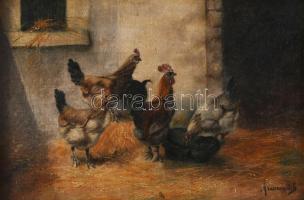 Olvashatatlan (Mroczkowsky?) jelzéssel: Baromfiudvar. Olaj, vászon, javított, kissé sérült. Dekoratív, szecessziós, kissé sérült fakeretben, 22x33 cm