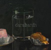 Turchányi Klára (XX. sz. első fele): Csendélet süteményekkel. Olaj, karton, jelzett, apró felületi s...