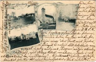 1900 Oroszvár, Rusovce, Karlburg (Pozsony, Pressburg, Bratislava); Fő tér, templom, Nemes udvar, kastély. Weiss &amp; Dreikurs (Wien) / Platz, Kirche, Edelhof, Schloss / main square, church, court, castle. Art Nouveau, floral (EB)