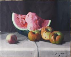 Molnár Z. János (1880-1960): Csendélet dinnyével és almákkal. Olaj, vászon, jelezve jobbra lent. Apró felületi kopásokkal. 39,5x49,5 cm