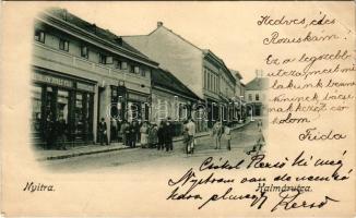 1900 Nyitra, Nitra; Kalmár utca, Neumann Jónás Fiai, Neumann József, Salvender Victor és Fiai, Gutmann üzlete / street, shops (kis szakadások / small tears)