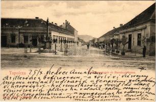 1907 Tapolca, Szentháromság tér és Bacsányi utca, Eibeschütz szálloda, kávéház és étterem, Balaton szálloda és nagykávéház, üzletek. Löwy B. kiadása (EK)