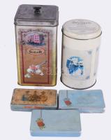 ca 1950 3 db fém cigarettás doboz + 2 kakaós fém doboz