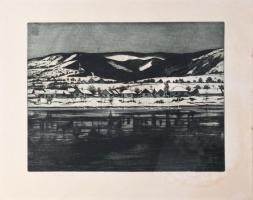 Novák Lajos (1927-1989): Téli táj (Dunakanyar). Rézkarc, papír, jelzett, kartonra kasírozva, sérült, 29×39 cm
