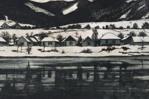 Novák Lajos (1927-1989): Téli táj (Dunakanyar). Rézkarc, papír, jelzett, kartonra kasírozva, sérült,...