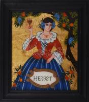 Gerger, Marianne (XX. sz. vége/XXI. sz. eleje): Ősz. Festett üveg (Hinterglasmalerei), hátoldalán címkén jelzett, fakeretben, 24×21 cm