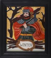 Gerger, Marianne (XX. sz. vége/XXI. sz. eleje): Winter. Festett üveg (Hinterglasmalerei), hátoldalán címkén jelzett, fakeretben, 24×21 cm