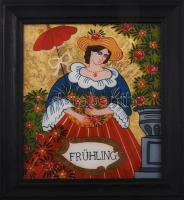 Gerger, Marianne (XX. sz. vége/XXI. sz. eleje): Frühling. Festett üveg (Hinterglasmalerei), hátoldalán címkén jelzett, fakeretben, 24×21 cm