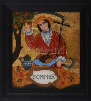 Gerger, Marianne (XX. sz. vége/XXI. sz. eleje): Sommer. Festett üveg (Hinterglasmalerei), hátoldalán címkén jelzett, fakeretben, 24×21 cm
