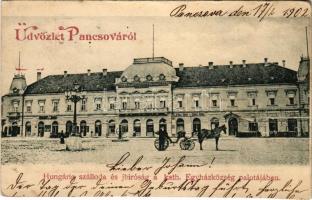 1902 Pancsova, Pancevo; Hungária szálloda és járásbíróság a katolikus Egyházközség palotájában, Kovács Árpád üzlete / hotel, court, shops (vágott / cut)