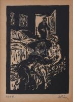 Háy Károly (1907-1961): In flagranti. Linómetszet, papír, jelzett. Dekoratív, üvegezett fakeretben, 12,5×9 cm