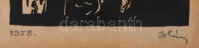 Háy Károly (1907-1961): In flagranti. Linómetszet, papír, jelzett. Dekoratív, üvegezett fakeretben, ...