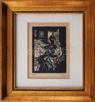 Háy Károly (1907-1961): In flagranti. Linómetszet, papír, jelzett. Dekoratív, üvegezett fakeretben, ...