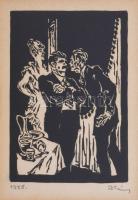 Háy Károly (1907-1961): Jelenet. Linómetszet, papír, jelzett. Dekoratív, üvegezett, kissé sérült fakeretben, 12,5×9 cm