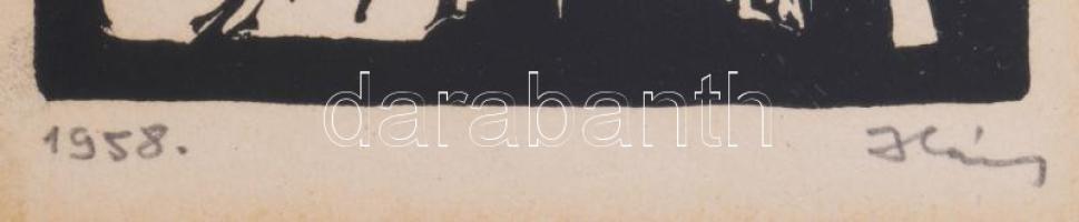 Háy Károly (1907-1961): Jelenet. Linómetszet, papír, jelzett. Dekoratív, üvegezett, kissé sérült fak...