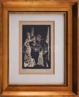 Háy Károly (1907-1961): Jelenet. Linómetszet, papír, jelzett. Dekoratív, üvegezett, kissé sérült fak...