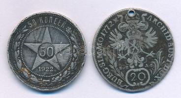 Csehország (történelmi tartomány) 1772EvS-AS 20kr "Mária Terézia" T:VF patina, karc, lyukasztott + Szovjetunió / Orosz Szocialista Szövetségi Szovjet Köztársaság 1922. 50k Ag T:VF patina, karc, ph. Bohemia 1772EvS-AS 20 Kreuzer "Maria Theresia" C:VF patina, scratch, holed + Soviet Union / Russian Socialist Federated Soviet Republic 1922. 50 Kopecks Ag C:VF patina, scratch, edge error Krause KM#800, Y#83