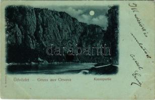 1899 Orsova, Kazán-szoros este holdfényben. Hutterer G. kiadása / Kasanpartie / Cazane / gorge at night in moonlight (fa)