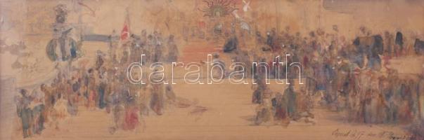 Hegedűs László (1870-1911): Történelmi jelenet, 1897. Akvarell, ceruza, karton. Jelzett. Hátoldalán Hegedűs László hagyatéki raglappal. Üvegezett fakeretben. 17,5x50 cm