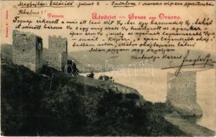 1900 Orsova, Al-Duna, Trikule, Háromtorony. Hutterer G. / tower ruins / Tricule (fa)