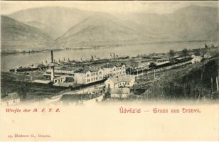 Orsova, Werfte der M.F.T.R. / MFTR (Magyar Királyi Folyam- és Tengerhajózási RT) hajógyára. Hutterer G. kiadása / shipyard, ship factory