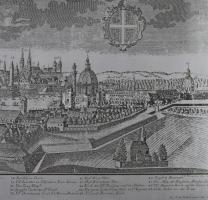 Fried Probst Aug. Kätz Bécs ca 1700-as rézmetszetű látképe nagy méretben, cink lemezre nyomva 60x20 ...