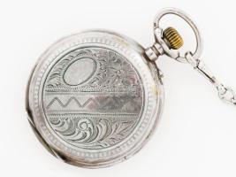 Ancre 15 köves ezüst (Ag) tokos zsebóra, fém óralánccal, működik, jelzett, d: 5 cm, bruttó 94g