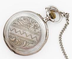 Ancre 15 köves ezüst (Ag) tokos zsebóra, fém óralánccal, működik, jelzett, d: 5 cm, bruttó 94g