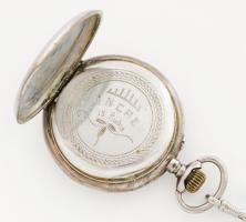 Ancre 15 köves ezüst (Ag) tokos zsebóra, fém óralánccal, működik, jelzett, d: 5 cm, bruttó 94g