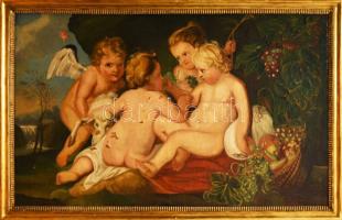 Jelzés nélkül, XIX. sz. vége/XX. sz. eleje: Puttók. Olaj, vászon. Sérült. Dekoratív fakeretben. 73x123 cm. KIZÁRÓLAG SZEMÉLYES ÁTVÉTEL, NEM POSTÁZZUK! / ONLY PERSONAL COLLECTION AT OUR OFFICE!