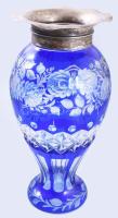 Kék kristály váza ezüst (Ag) peremmel. Dianás, jelzett, mesterjegyes. Hibátlan 28 cm