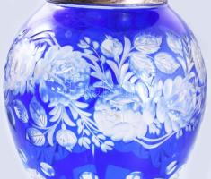 Kék kristály váza ezüst (Ag) peremmel. Dianás, jelzett, mesterjegyes. Hibátlan 28 cm
