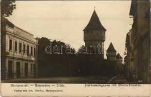 Nagyszeben, Hermannstadt, Sibiu; Harteneckgasse mit Stadt-Theater. Verlag von Joh. Gürtler / Harteneck utca, torony / street, tower