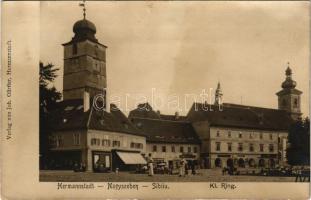 Nagyszeben, Hermannstadt, Sibiu; Kl. Ring. Verlag von Joh. Gürtler / torony, üzletek / tower, shops (lyuk / pinhole)