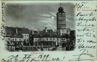 1899 Nagyszeben, Hermannstadt, Sibiu; Kleiner Ring. F. Binder / utca este holdfényben, Jickeli üzlete, torony / street at night in moonlight, shops, tower (szakadás / tear)