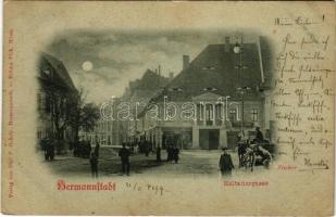 1899 Nagyszeben, Hermannstadt, Sibiu; Heltauergasse / Disznódi utca este holdfényben, Julius Boda cukrászdája, üzletek. Carl F. Jickely kiadása / street view at night in moonlight, confectionery, shops (lyukak / pinholes)