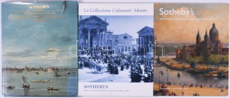 Vegyes Sotheby aukciós katalógus tétel, 3 db:  2007 Sotheby's Paintings, Drawings, and Watercolours. Amsterdam, Sotheby, 144 p. Gazdag képanyaggal illusztrált. Kiadói papírkötés.;  1989 Sotheby's The Collection of the late Count and Countess Guy du Broisrouvray. New York, Sotheby. Gazdag képanyaggal illusztrált. Kiadói egészvászon-kötés, sérült kiadói papír védőborítóban.;  2000 Sotheby's La Collezione Colasanti-Moore. Milano, Sotheby. Gazdag képanyaggal illusztrált. Kiadói papírkötés.;