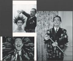 cca 1960 előtti felvételek Dali, Salvador (1904-1989) katalán - spanyol szürrealista festőművészről, aki fényképezés közben gyakran önmagát rendezte, vagyis kitalálta előre a képet, s ehhez hívott fotós segítséget, eltérő időben készült felvételek, 3 db modern nagyítás, jelzés nélkül (Dali, a delejes), 21x15 cm és 15x10 cm