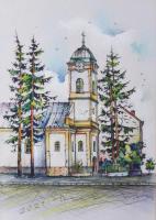 Jelzés nélkül: Kárpátaljai magyar templom. Vegyes technika, papír. Üvegezett fakeretben. 28x20 cm.