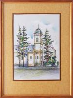 Jelzés nélkül: Kárpátaljai magyar templom. Vegyes technika, papír. Üvegezett fakeretben. 28x20 cm